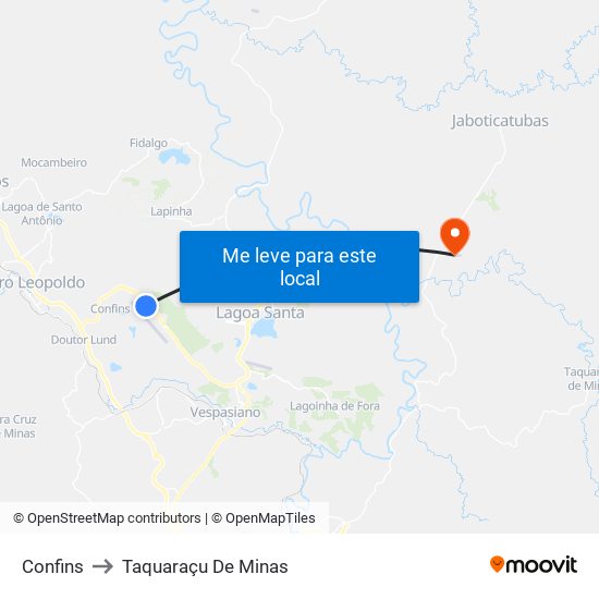 Confins to Taquaraçu De Minas map