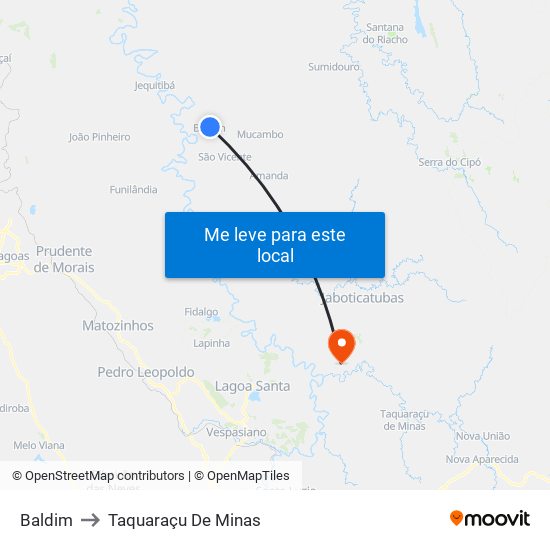 Baldim to Taquaraçu De Minas map