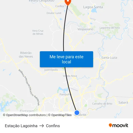 Estação Lagoinha to Confins map