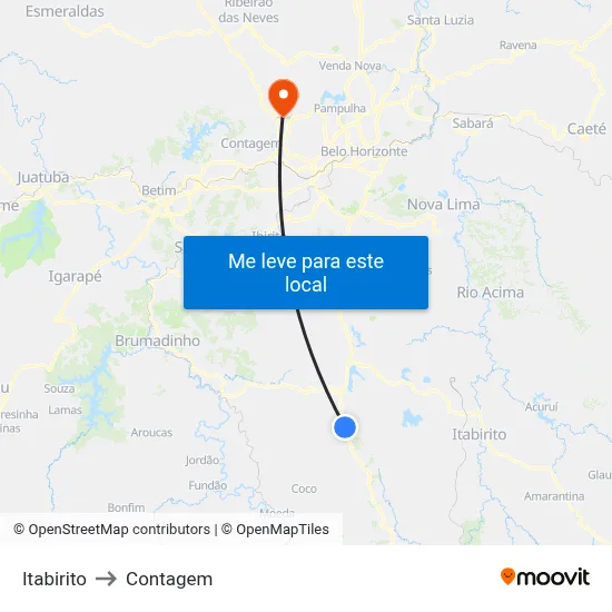Itabirito to Contagem map