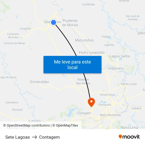 Sete Lagoas to Contagem map