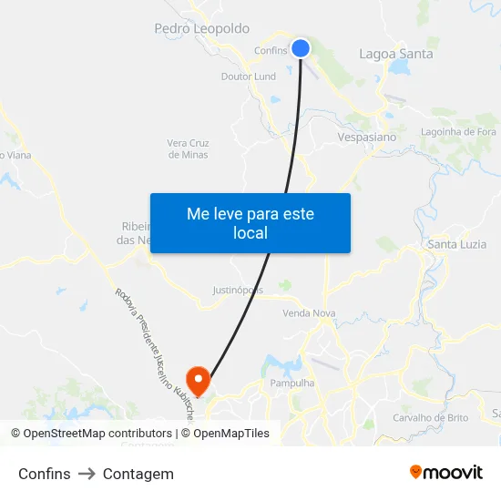 Confins to Contagem map