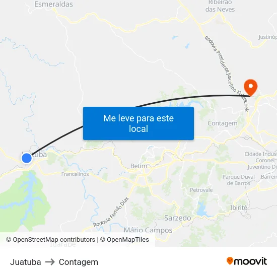 Juatuba to Contagem map