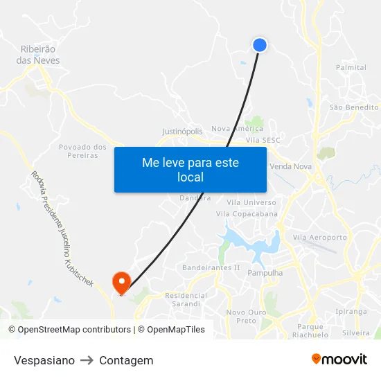 Vespasiano to Contagem map