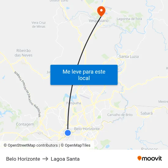 Belo Horizonte to Lagoa Santa map
