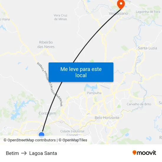 Betim to Lagoa Santa map