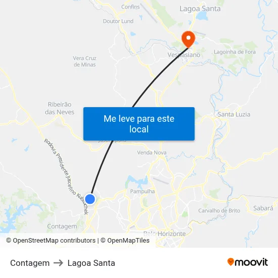 Contagem to Lagoa Santa map
