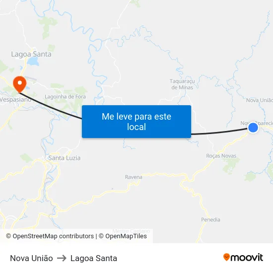 Nova União to Lagoa Santa map