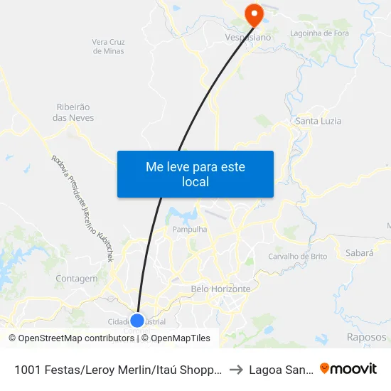 1001 Festas/Leroy Merlin/Itaú Shopping to Lagoa Santa map