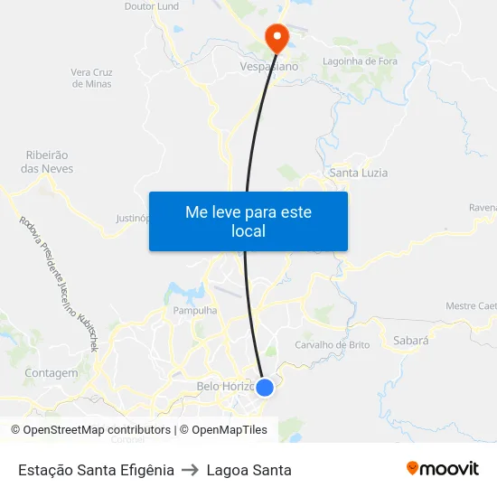 Estação Santa Efigênia to Lagoa Santa map