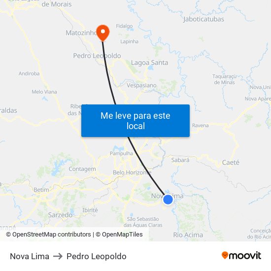 Nova Lima to Pedro Leopoldo map