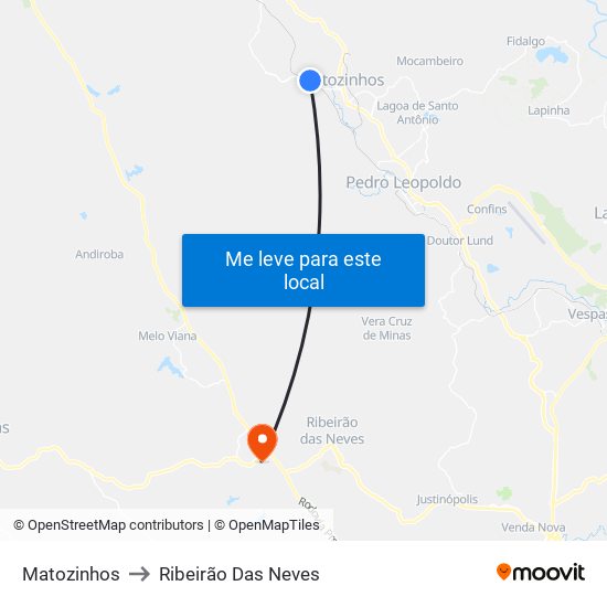 Matozinhos to Ribeirão Das Neves map