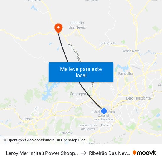 Leroy Merlin/Itaú Power Shopping to Ribeirão Das Neves map