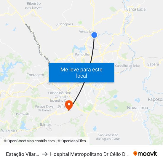 Estação Vilarinho to Hospital Metropolitano Dr Célio De Castro map