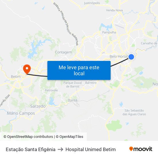 Estação Santa Efigênia to Hospital Unimed Betim map