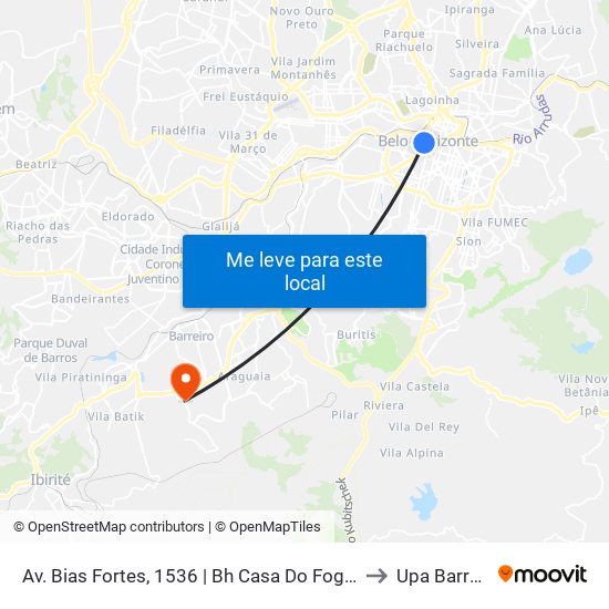 Av. Bias Fortes, 1536 | Bh Casa Do Fogueteiro to Upa Barreiro map