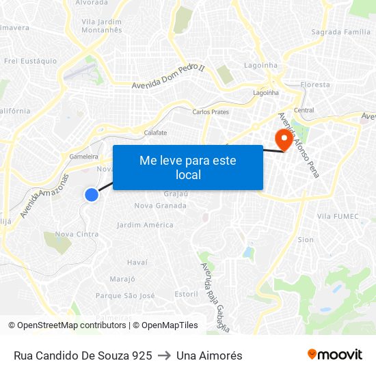 Rua Candido De Souza 925 to Una Aimorés map