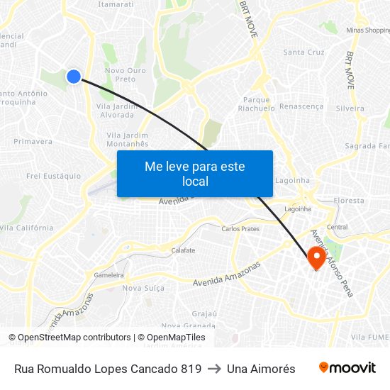 Rua Romualdo Lopes Cancado 819 to Una Aimorés map