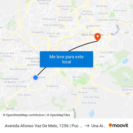 Avenida Afonso Vaz De Melo, 1256 | Puc Minas Campus Barreiro to Una Aimorés map