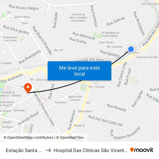 Estação Santa Teresa to Hospital Das Clínicas São Vicente De Paulo map