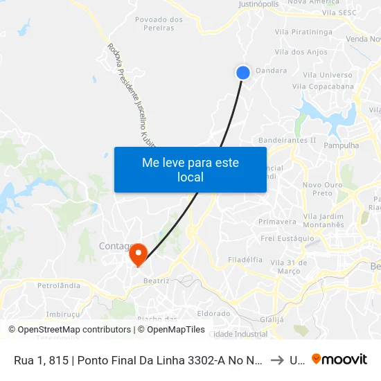 Rua 1, 815 | Ponto Final Da Linha 3302-A No Nova Pampulha to Una map