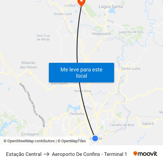 Estação Central to Aeroporto De Confins - Terminal 1 map