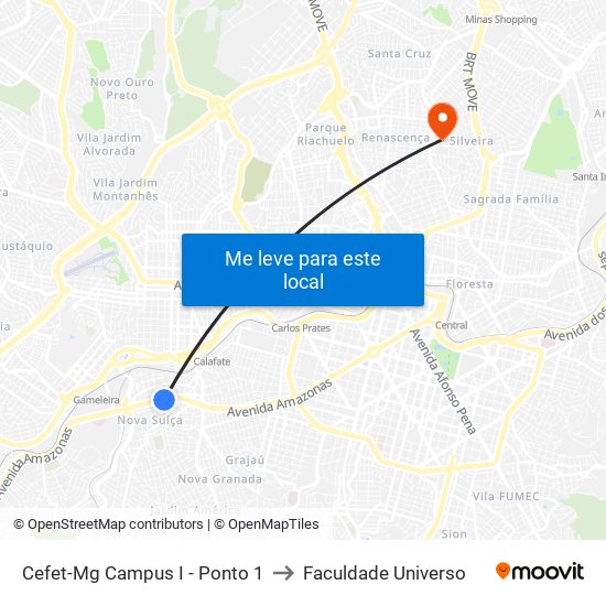 Cefet-Mg Campus I - Ponto 1 to Faculdade Universo map