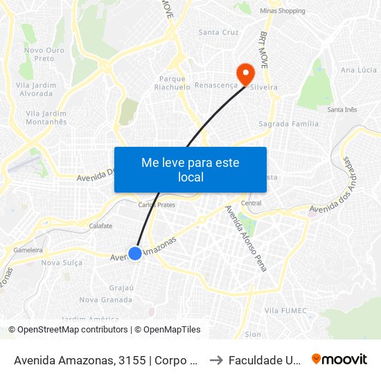 Avenida Amazonas, 3155 | Corpo De Bombeiros to Faculdade Universo map