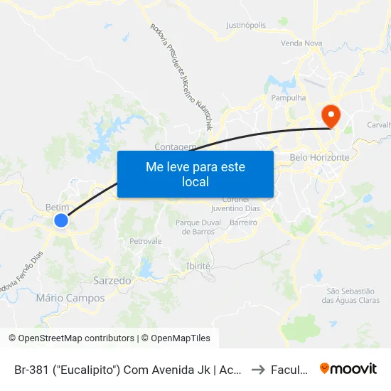 Br-381 ("Eucalipito") Com Avenida Jk | Acesso Ao Centro Betim E Praça Milton Campos sentido São Paulo to Faculdade Universo map