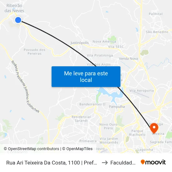 Rua Ari Teixeira Da Costa, 1100 | Prefeitura De Ribeirão Das Neves to Faculdade Universo map