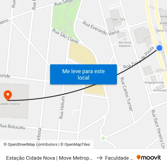 Estação Cidade Nova | Move Metropolitano - Sentido Centro to Faculdade Universo map