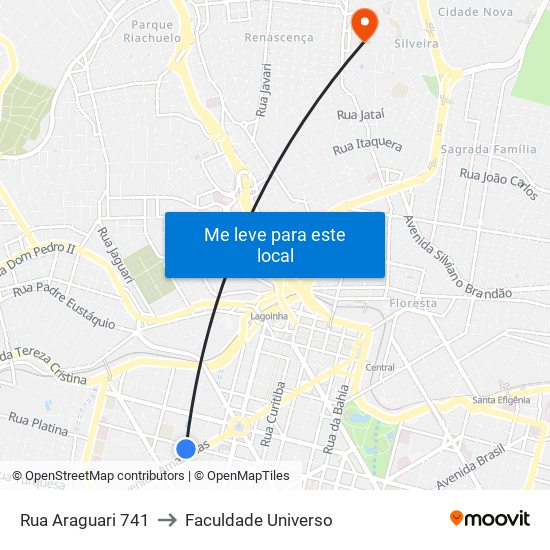 Rua Araguari 741 to Faculdade Universo map