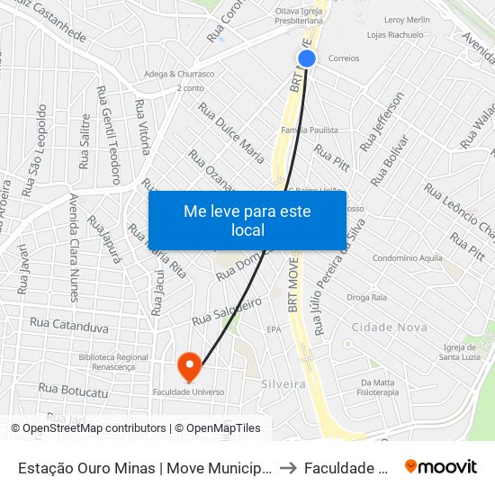 Estação Ouro Minas | Move Municipal - Sentido Bairro to Faculdade Universo map