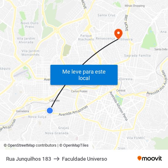 Rua Junquilhos 183 to Faculdade Universo map