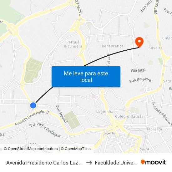 Avenida Presidente Carlos Luz 172 to Faculdade Universo map