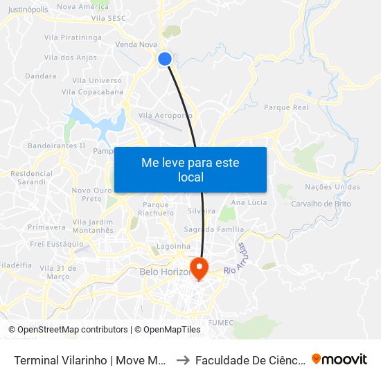 Terminal Vilarinho | Move Metropolitano - Setor Norte, Plataforma A1 to Faculdade De Ciências Médicas De Minas Gerais map