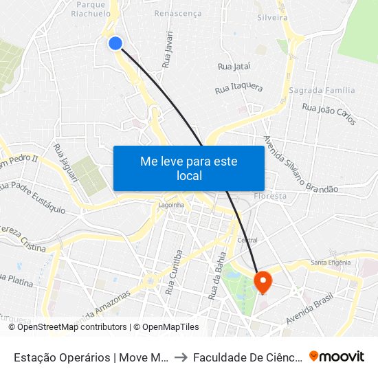 Estação Operários | Move Municipal - Plataforma A2 - Sentido Bairro to Faculdade De Ciências Médicas De Minas Gerais map