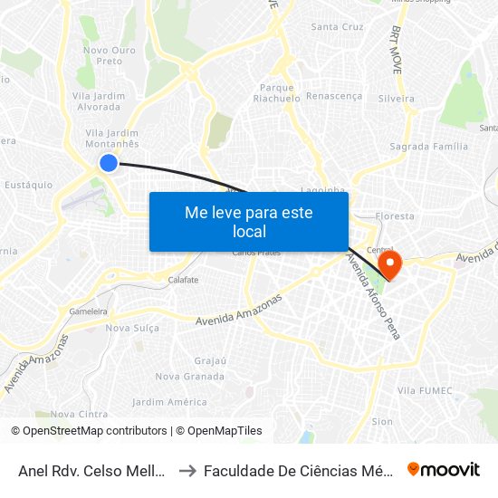 Anel Rdv. Celso Mello Azevedo, 13750 to Faculdade De Ciências Médicas De Minas Gerais map