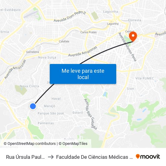 Rua Úrsula Paulino, 1351 to Faculdade De Ciências Médicas De Minas Gerais map