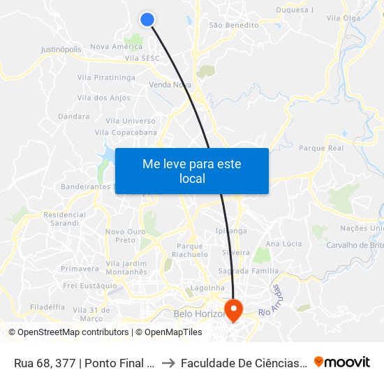 Rua 68, 377 | Ponto Final Da Linha 627 No Mantiqueira to Faculdade De Ciências Médicas De Minas Gerais map