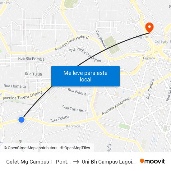 Cefet-Mg Campus I - Ponto 1 to Uni-Bh Campus Lagoinha map
