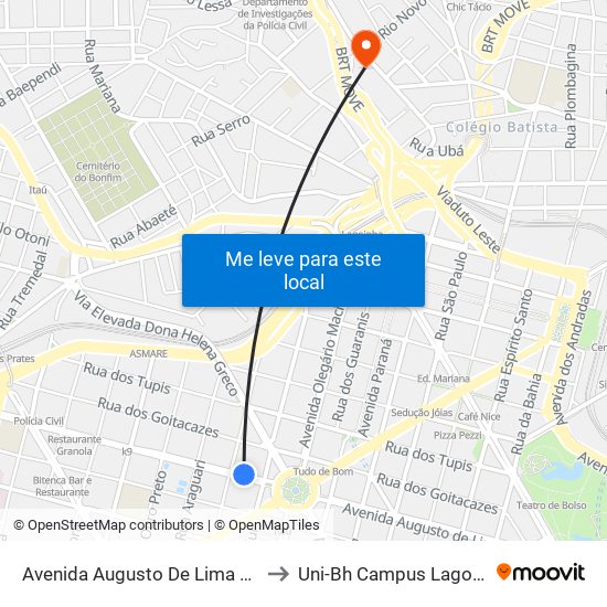 Avenida Augusto De Lima 1126 to Uni-Bh Campus Lagoinha map
