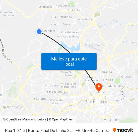 Rua 1, 815 | Ponto Final Da Linha 3302-A No Nova Pampulha to Uni-Bh Campus Lagoinha map