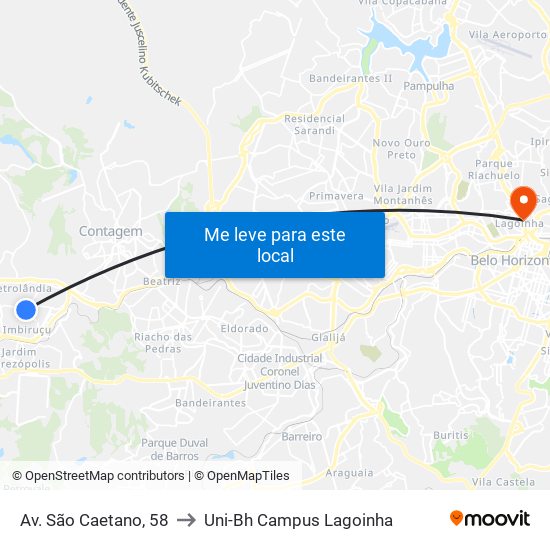 Av. São Caetano, 58 to Uni-Bh Campus Lagoinha map