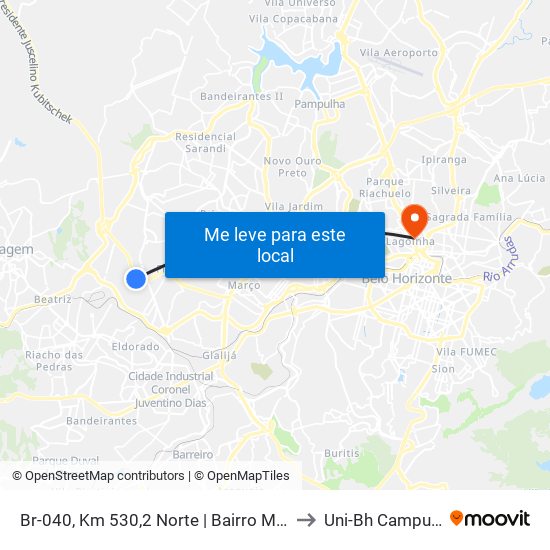 Br-040, Km 530,2 Norte | Bairro Morada Nova - Trincheira to Uni-Bh Campus Lagoinha map