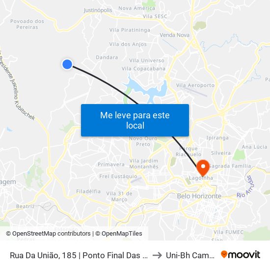 Rua Da União, 185 | Ponto Final Das Linhas 2290 E 2310 No Nacional to Uni-Bh Campus Lagoinha map