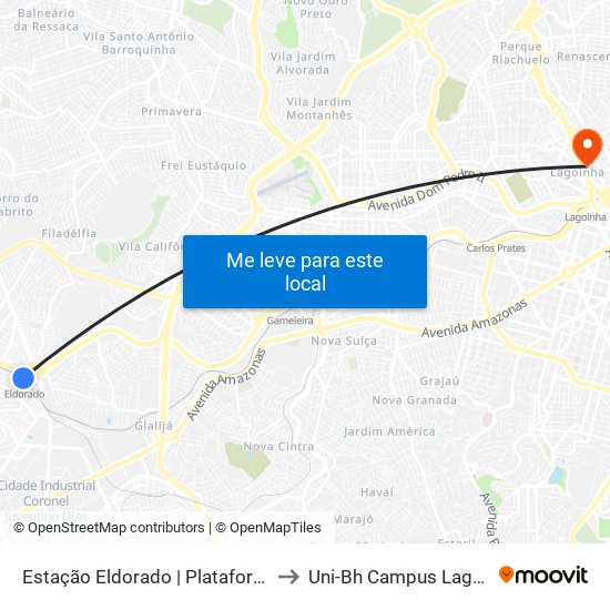 Estação Eldorado | Plataforma A1 to Uni-Bh Campus Lagoinha map