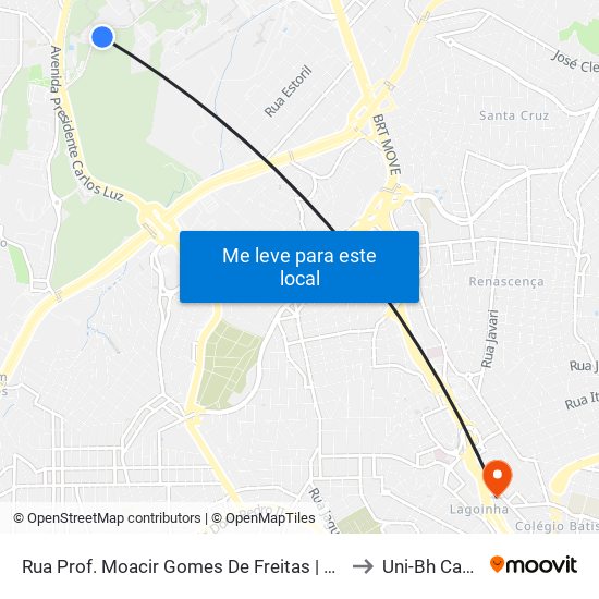 Rua Prof. Moacir Gomes De Freitas | Faculdade De Odontologia - Sentido Campus to Uni-Bh Campus Lagoinha map