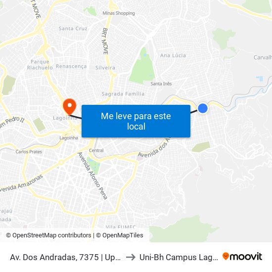 Av. Dos Andradas, 7375 | Upa Leste to Uni-Bh Campus Lagoinha map