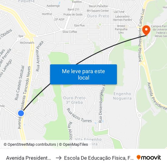 Avenida Presidente Tancredo Neves 2015 to Escola De Educação Física, Fisioterapia E Terapia Ocupacional map